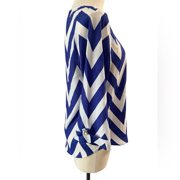 Royal Blue & White Chevron Blouse with button sleeve detail - Picture 2 of 6
